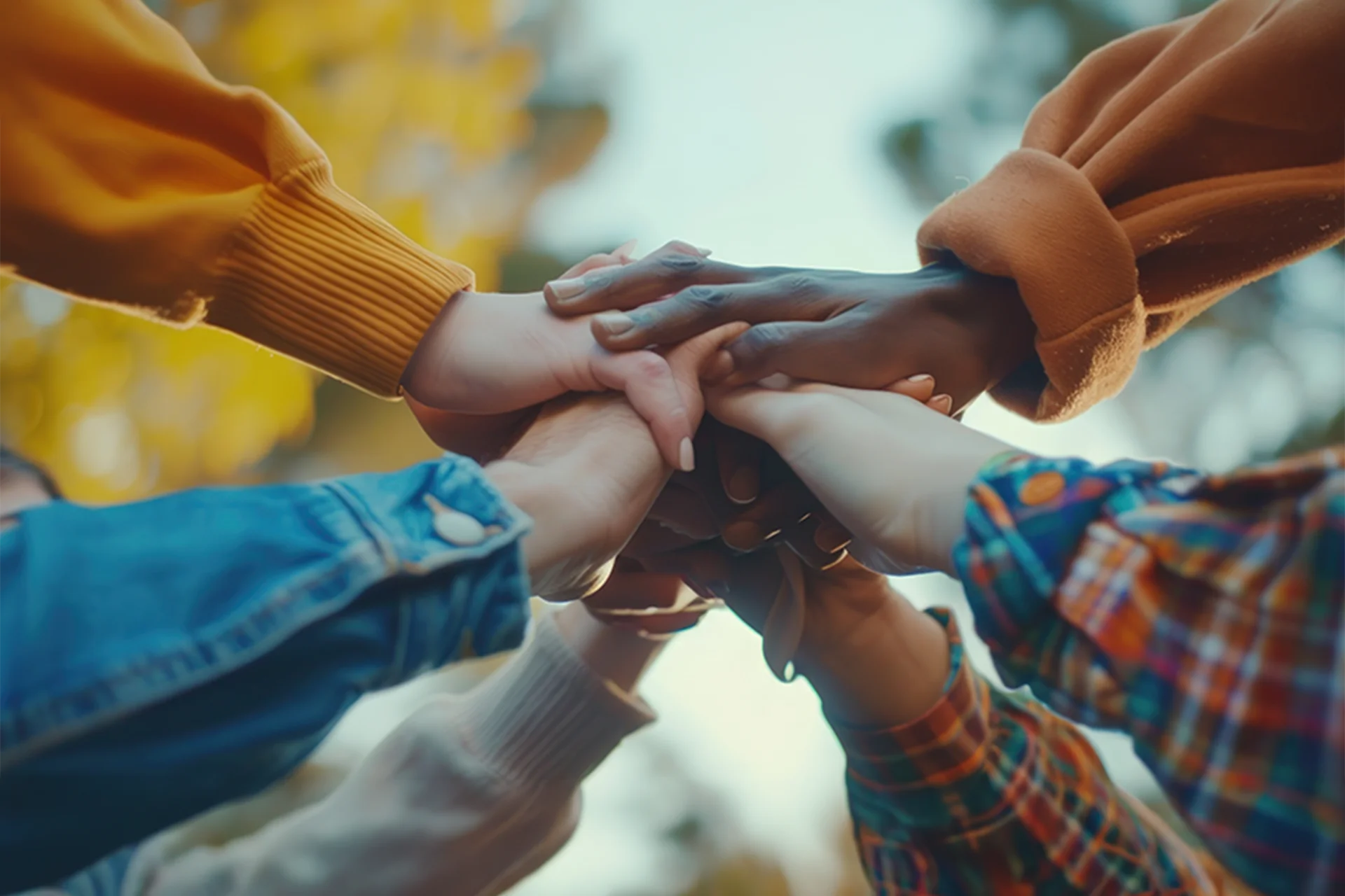 Diverse group of people stacking their hands together to show teamwork, trust, and support.
